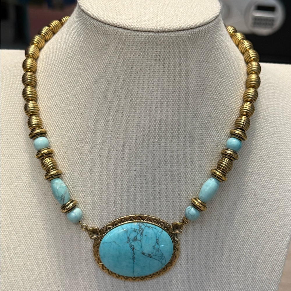 Vintage Turquoise Gold Bead Necklace - Women Jewelry